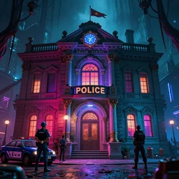 Neoclassical Police station, horror sccene, illustrated by Greg Rutkowski and Gaston Bussiere, 35mm lens, beautiful macro close-up imagery, vibrantly lush neon lighting, beautiful volumetric-lighting-style atmosphere, a futuristic atmosphere, intricate, detailed, photorealistic imagery, trending on artstation, 4k, 8k