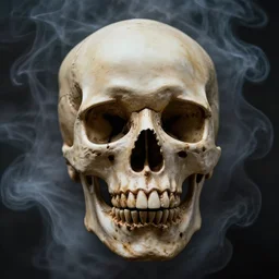 photo of a hyperrealistic skull emerging from smoke
