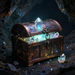 a treasure chest in a dark cave with glowing crystals