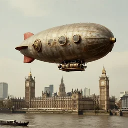 a photograph of a steampunk dirigible floating above london in the 1 8 6 0