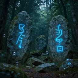 forest scenery with ancient stones and boulders with symbols on them that are glowing blue, bubbles floating in the forest, ambient lighting, digital art in the style of loish and lotusbubble, 8 k dop dof hdr