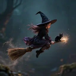 a tiny witch, flying on her tiny broom, magical dust, black cat, dramatic lighting, cinematic, establishing shot, extremely high detail, foto realistic, cinematic lighting, post processed, concept art, high details, cinematic, 8k resolution, beautiful detailed, photorealistic, digital painting, artstation, concept art, smooth, sharp focus, artstation trending, octane render, unreal engine