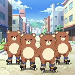 happybears!, humanoid bears, bear costumes, happy faces, evil happy faces, rollerblading, rollerskates, cel - shading, four humanoid bears, 2 0 0 1 anime, flcl, jet set radio future, blue sunshine, japanese town, concentrated buildings, japanese neighborhood, construction site, cel - shaded, strong shadows, vivid hues, y 2 k aesthetic