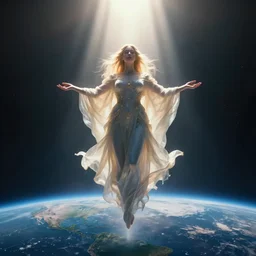 godess of artificial intelligence floating above the planet earth, sharp focus, god rays, volumetric light, by rozalski, by wayne barlowe, cinematic, light from above, cinematic shot,