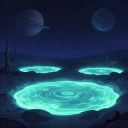 glowing radioactive lakes on alien planet at night by disney concept artists, blunt borders, rule of thirds
