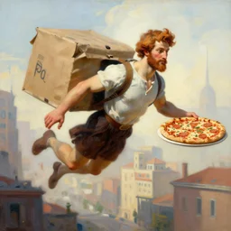 portrait of the god hermes in modern times flying through a city to delivering pizza. art by gaston bussiere.