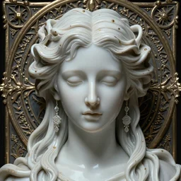 face portrait, detailed realistic octane render, artwork by james jean, chiara bautista, smooth polished matte porcelain, goddess of despair, jean delville, art nouveau, james jean, ornate metal gothic icon heavy patina, delicate, enchanting, otherworldly, whimsical, ethereal, mythology, magical
