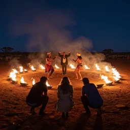 atmospheric photograph of three ravers, two men, one woman, woman is in a trenchcoat, blessing the soil at night, seen from behind, fire circle, two aboriginal elders, dancefloor kismet, diverse costumes, clean composition, desert transition area, bonfire, atmospheric night, australian desert, symmetry, sony a 7 r