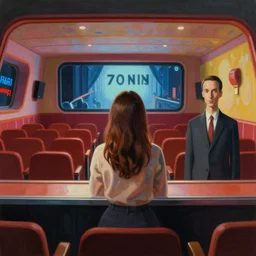 lone girl waiting inside a 70s cinema, stanley kubrick the shinning, american gothic, vibrant colors americana, inception, cinematic, volumetric lighting, ultra wide angle view, realistic, detailed painting in the style of Edward Hopper and René Magritte