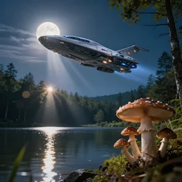 canon, 300mm, bokeh, 16k serene beautiful landscape photography of a hypereal spaceship flying at incredible momentum through the sky at night. lake reflections in the foreground. sun rays shining through the trees. lens flare. moonlit, dramatic lighting by Marc Adamus on mushrooms.