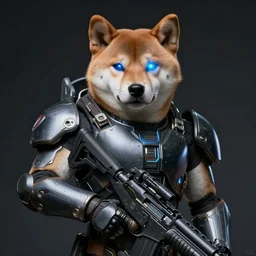 power armor and rifle, realistic anthropomorphic shiba inu face, visible face, neon laser eyes, science fiction, dark, portrait by donato giancola and greg rutkowski and wayne barlow, realistic face