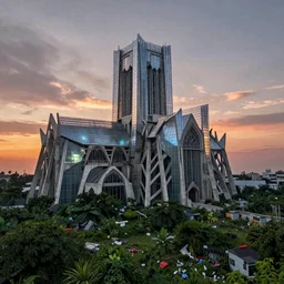 a cathedral of brutalist architecture, surrounded by lush green vegetation, stunning volumetric lighting, sunset, metal, concrete, translucent material, stunning skies, scattered rubbish and debris, 8k, photorealistic, hyper detailed, unreal engine 5, IMAX quality, cinematic, epic lighting, digital painting in the style of DOOM and Quake, by Greg Rutkowski, trending on Artstation