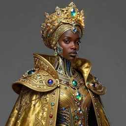 the african moor, award winning matte concept art, intricate linework, ( precious, ornate turban ), cybernetic emissive gothic colorful golden armor cloak, clear focus, iridescent baroque crystals, glowing crown, futuristic, detailed realistic, raytracing colorful gems, black opal, magical colorful, realistic character art, wlop, chebokha, rutkowski, artgerm