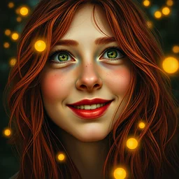 infp young woman, smiling amazed, golden fireflies lights, amidst of nature fully covered! long loose red hair, intricate linework, bright accurate green eyes, small nose with freckles, oval shape face, realistic, expressive emotions, dramatic lights enlightenment scene, hyper realistic ultrafine art by artemisia gentileschi, caravaggio, jessica rossier, boris vallejo