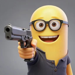nerd emoji but hyper realistic, with a gun pointing at the camera