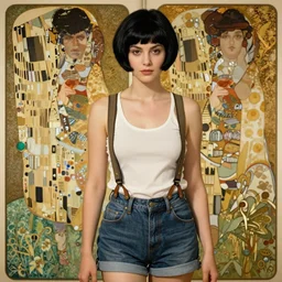 a beautiful woman with black hair pixie cut in shorts with suspenders drawn by ruan jua, norman rockwell, frank frazetta, peter paul rubens, alphonse mucha, gustav klimt 4k, unreal 5, DAZ, french noveau, trending on artstation, octane render, hyperrealistic