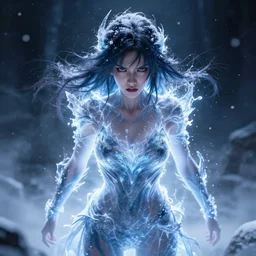 photorealistic full body shot of masterpiece angry darkness anime girl, beautifull lovely eyes, electric aura with particles, snowing frozen ice, darkness background, detailed, unreal engine 4 k, volumetric light, fog