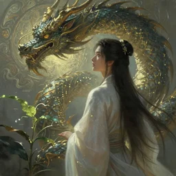 by greg rutkowski, painting of an xianxia looking into distance, beautiful sophisticated intricate background, godray on plants, fantasy digital art, fantasy style art, zhang yimou, lung dragon, dramatic lighting, 4 k, concept art