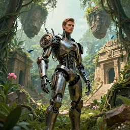ultrarealistic, cyborg, cyberpunk, gears, steam, future, iamrobot movie, masculine figure, beautiful, soft skin, harsh metal, overgrown forest, rubble, vines, flowers, plant life, jungle, aztec temple, decay, ruins, floating rocks connected by huge vines, sandstone buildings, pink flowers, blue bird