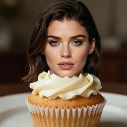 a cup cake with frosting made of the face of kate mara, 4 k hyperdetailed, photo realistic, extremely life like
