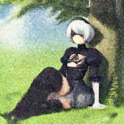 beautiful anime scenery with 2B from the Nier Automata series sitting in the grass beside a tree