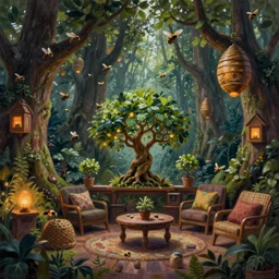 painting of interior of cozy fantasy magic forest by greg rutkowski craig mullins pixar bonsai trees floating lanterns and beehives, bees flying in the air, clear focus fantasy dark atmospheric cinematic lighting, trending on artstation