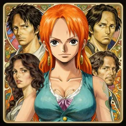 intricately detailed vfx portrait of nami from one piece by eiichiro oda, makoto shinkai, alphonse mucha, art by artgerm and greg rutkowski, best of behance, concept art, matte, sharp focus, orange hair, adolphe bouguereau, annie leibovitz, stanley kubrick,