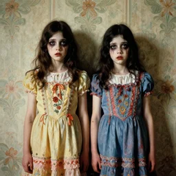 a beautiful and eerie baroque painting of two beautiful but creepy siblings wearing colorful dresses in layers of fear, with haunted eyes and dark hair, 1 9 7 0 s, seventies, wallpaper, a little blood, morning light showing injuries, delicate embellishments, painterly, offset printing technique, by brom, robert henri, walter popp