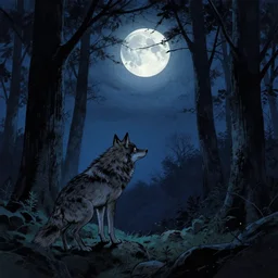a wolf in the forest at night watches the moon, Bernie Wrightson