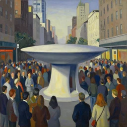 teleportation machine in a crowded and noisy city, with the feeling of being surrounded by people and the noise by georgia o'keeffe and oscar dominguez, style of cambrian