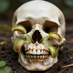 a Venus flytrap growing in the mouth of a skull, photo, detailed, 4k