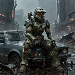 character portrait of a female warrior in halo spartan armor sitting on a broken car in a desolate cyberpunk wasteland city, 8 k, realistic shading, concept art, digital painting, illustration, matte painting, moody lighting, sharp focus, minimal artifacts, wet, heavy rain, rainstorm, john singer sargent, william - adolphe bouguereau