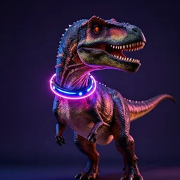 dinosaur wearing a collar covered in neon lights