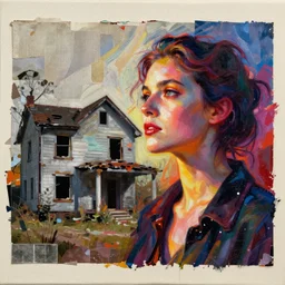 mixed media collage with canvas texture in style of contemporary art, punk art. a woman is looking into the distance at an abandoned house