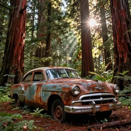 Photograph of an abandoned rusty 1950's Buick in an old redwood forest, massive trees, overgrown with vegetation, sun shining through the trees, backlit, crepuscular rays, realistic octane render, 8k, shallow DoF