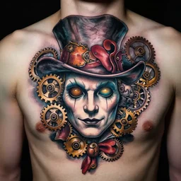 closeup photograph of an incredible color chest tattoo of mad hatter face made of interlocking steampunk gears, intricate linework peter mohrbacher intricate, model with attractive body, award-winning by rapha lopes, and baris yesilbas, photo taken with dramatic studio lighting by brian ingram