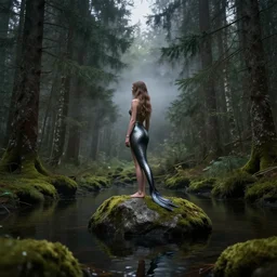a girl with a fishtail for legs, on a rock in a pond in the middle of the forest, fir trees, moss, fog, dramatic atmosphere, highly detailed, cinematic lighting, perfect composition artem demura