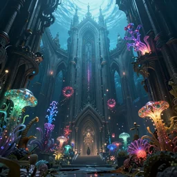 hyperrealistic precisionist cinematic underwater dystopian neo - gothic cathedral ruins with giant luminescent colorful aquatic plants, digital art masterpiece, aykut aydogdu eric zener, dramatic volumetric light, long shot, low angle uhd 8 k, sharp focus