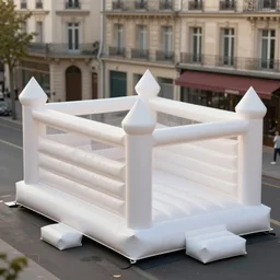 huge white adult bouncy castle playground on the paris street, style by anish kapoor, parts by shih chieh huang, warm soft light, bird view, telephoto lens, shallow depth of field realistic, 8 k, hyperrealism, subsurface scattering, raytracing