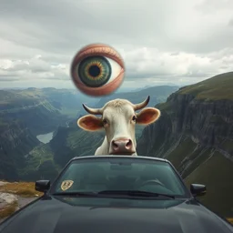 car with large crazy human eye floating above sad cow looking over a mountain cliff, realistic, creepy n - 4