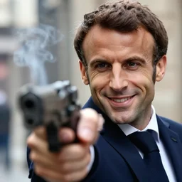 closeup portrait of emmanuel macron smiling trying to rob you at gunpoint in a smoky back street, natural light, sharp, detailed face, magazine, press, photo, steve mccurry, david lazar, canon, nikon, focus