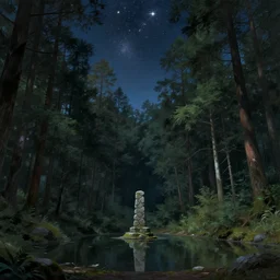a clearing in a towering forest with a stone pillar in the centre of a pond, above the canopy the sky is full of stars. highly detailed symmetrical composition. digital painting concept art. dramatic lighting.