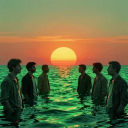 the sun rising just above the horizon over the sea by gil elvgren and tim hildebrandt and donato giancola and ted withers and peter driben and greg rutkowski and roberto ferri, green water, synthwave, retrowave, highly detailed, high contrast, intricate details, blended palette, trending on art station, stunning visuals, creative, cinematic
