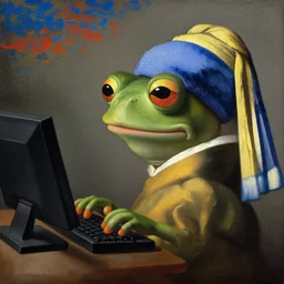 portrait of pepe the frog hacking a computer, oil painting by johannes vermeer, 1 7 th century, art, oil on canvas, wet - on - wet technique, realistic, expressive emotions, intricate textures, illusionistic detail, peter mohrbacher, epic, artstation, vivid sky, junji ito
