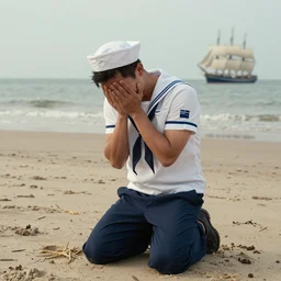 full body portrait of crying sad sailor on his knees, on a beach, sailingship far in the background, by greg rutkowski