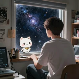 close up of a guy sitting in window looking out at the universe, cluttered bedroom, back view, anime, detailed anime, hyper realistic anime, realistic anime, manga anime, chibi anime, detailed, highly detailed, hd, 4 k, sharp, clear, high res, high quality, cinematic, 2 point studio lighting,