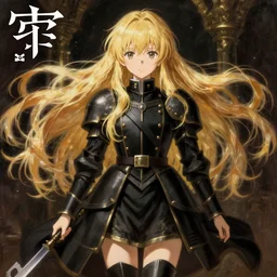 baroque oil painting japanese light novel cover full body illustration lotr anime key visual stunning action shot | young girl black military crusader maid with long flowing blonde hair | symmetrical perfect face fine detail delicate features quiet gaze | gapmoe kawaii moody dynamic lighting bokeh | trending pixiv fanbox | by greg rutkowski makoto shinkai takashi takeuchi studio ghibli