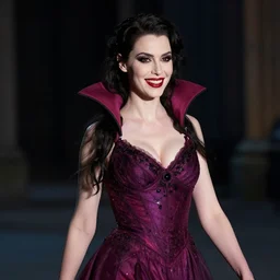 head and shoulder shot of a female vampire walking home at night, hard lighting, professional studio, smile, vibrant, fashion, inspired by bloodborne, looking at the camera