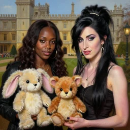 beautiful lifelike painting of flava flav and amy winehouse buying a rare furby collection in downton abbey, hyperreal detailed facial features and uv lighting, art by ed roth and basil wolverton