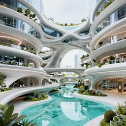 highly detailed futuristic architecture by jean nouvel and antoni gaudi, reflective lighting, stylized vegetation, bridges, ground - level view, puddles of turquoise water, foggy atmosphere, stunning sunny lighting, sunrise, vivid colors, in the style of pixar animation, trending on artstation, 8 k, matte painting, ray tracing, hyper detailed, unreal engine 5, cinematic, epic lighting, cryengine, octane render, cyberpunk, red and orange glow, vibrant